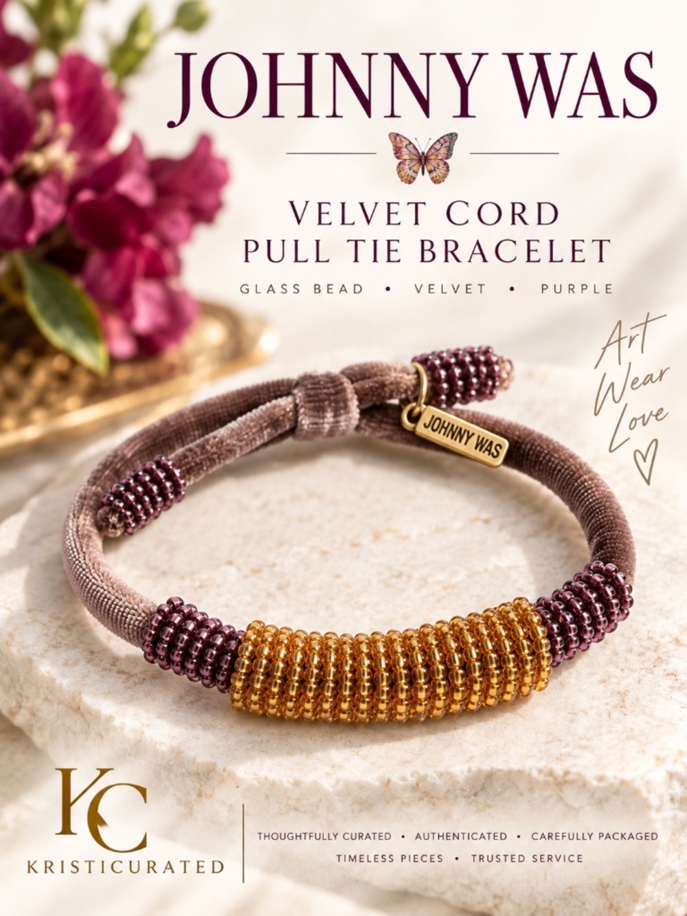 Johnny Was Velvet Cord Pull Tie Bracelet Purple Gold Glass Bead O/S NWT